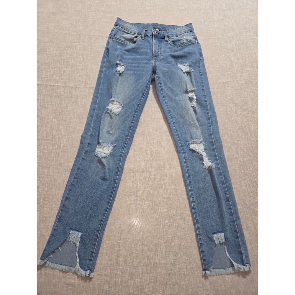Venus 4 Distressed‎ Medium Wash Skinny Jeans with Notched Raw Hem Blue Denim